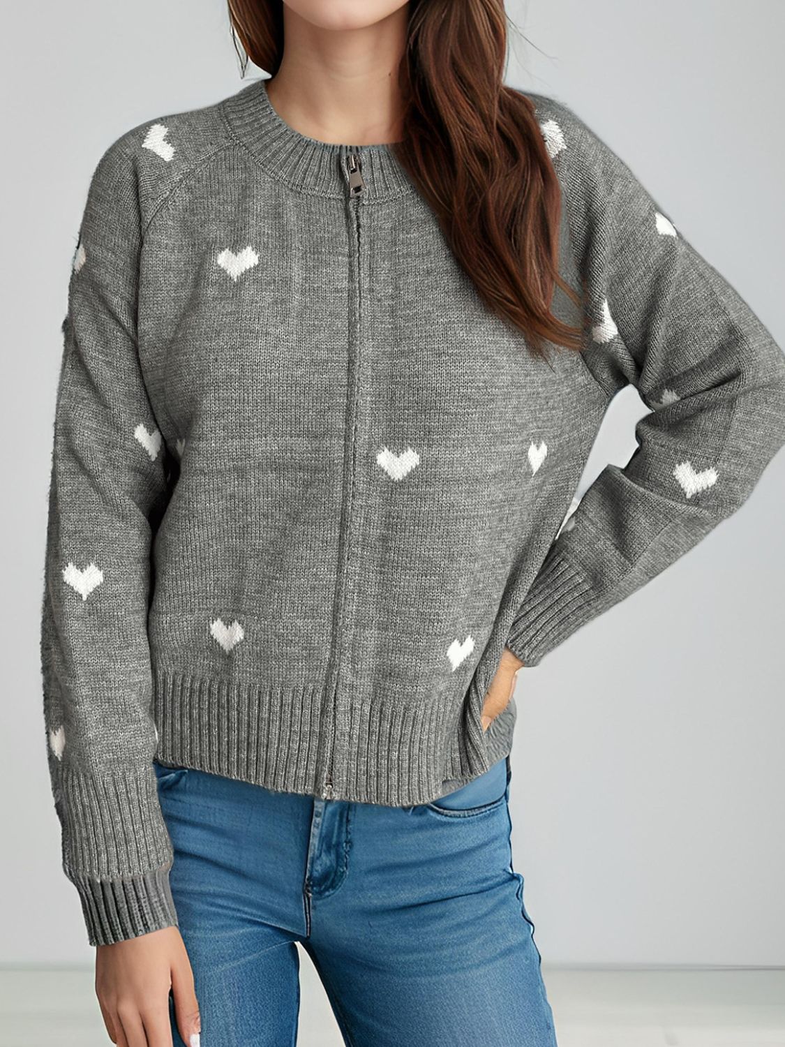 Heart Round Neck Zip Up Cardigan