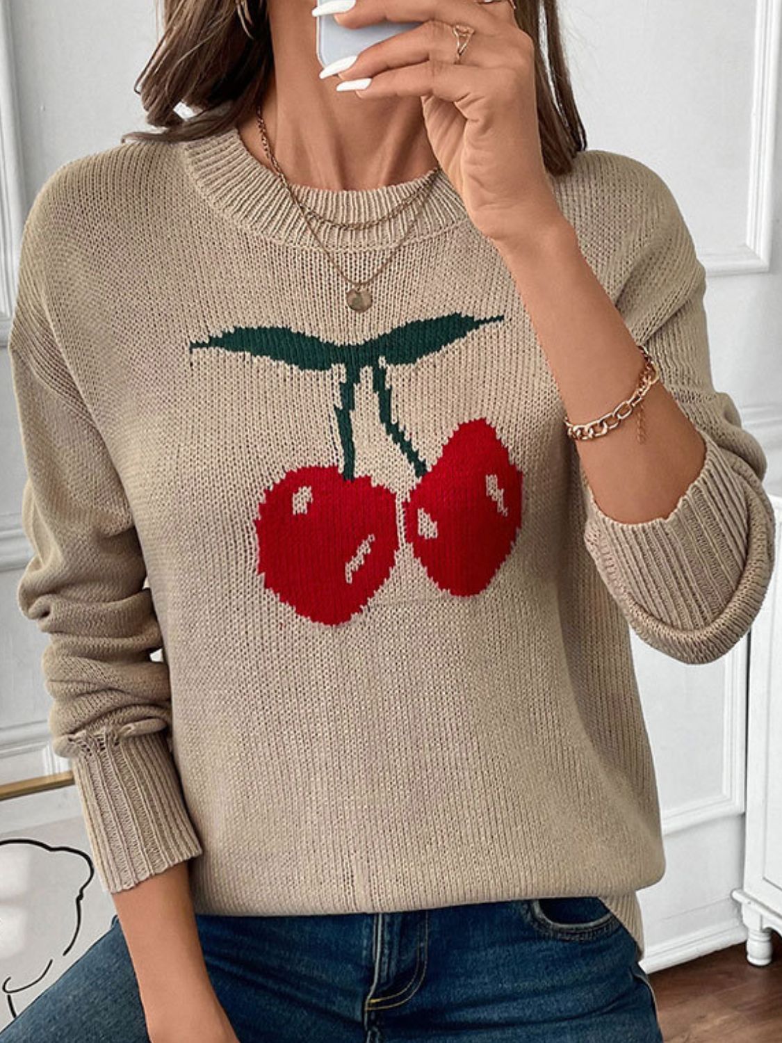 Perfee Cherry Round Neck Long Sleeve Sweater