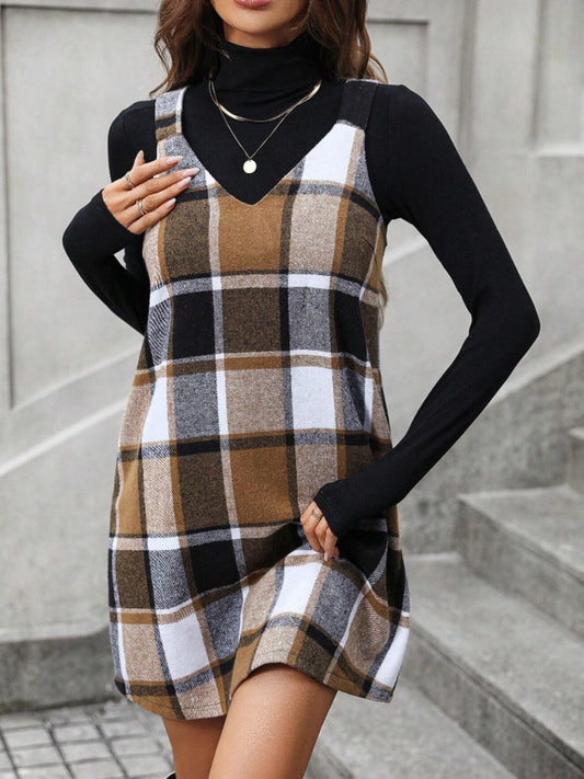 Plaid V-Neck Wide Strap Dress