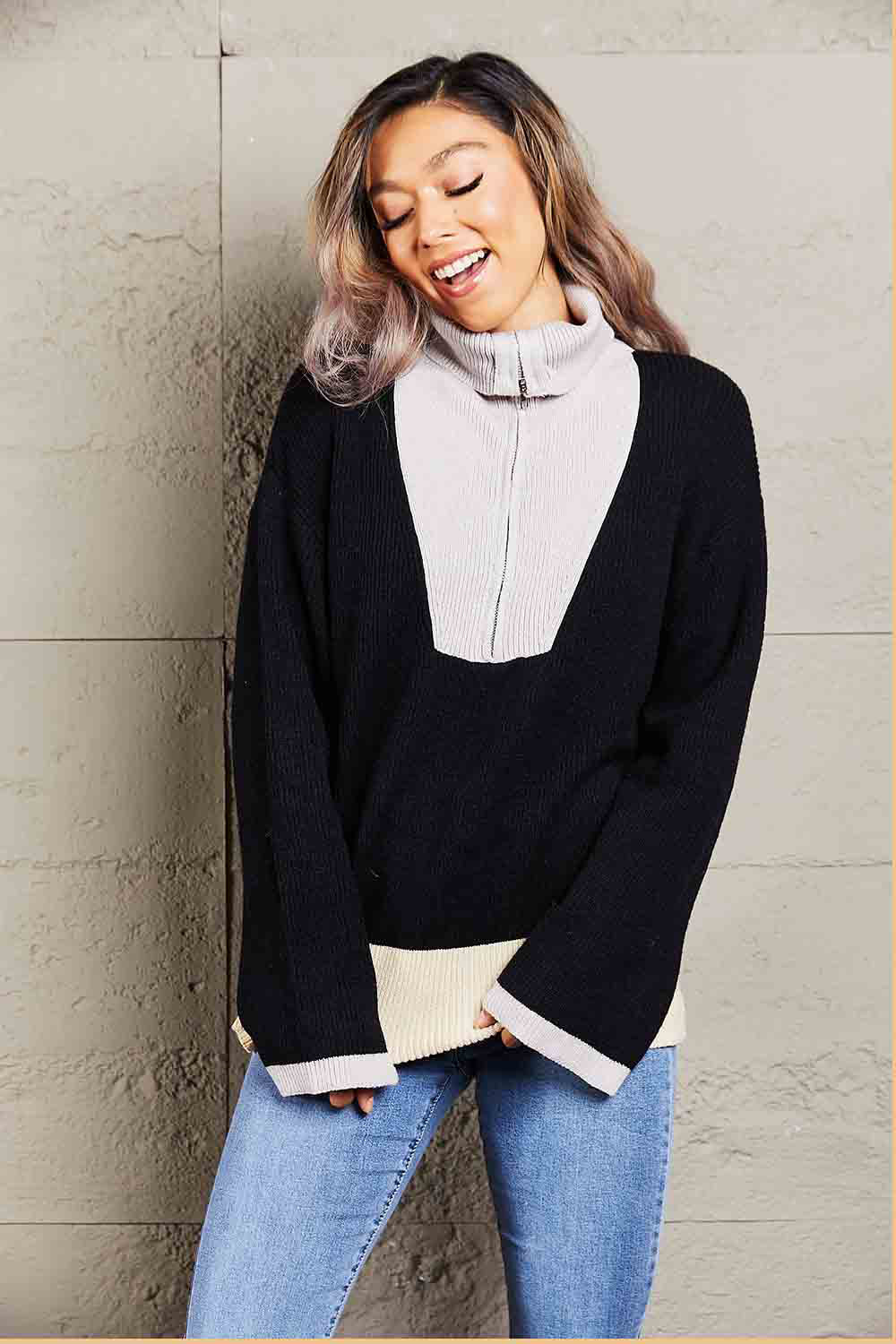 Color Block Half-Zip Dropped Shoulder Knit Pullover