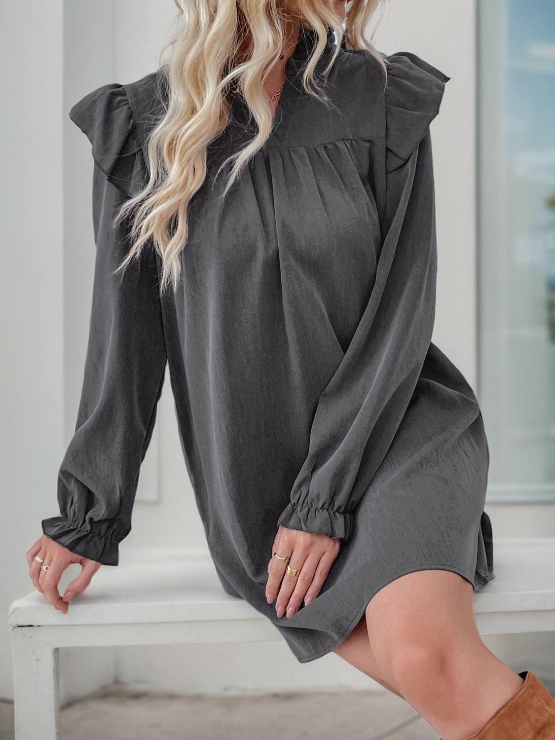 Perfee Ruffled Notched Long Sleeve Mini Dress