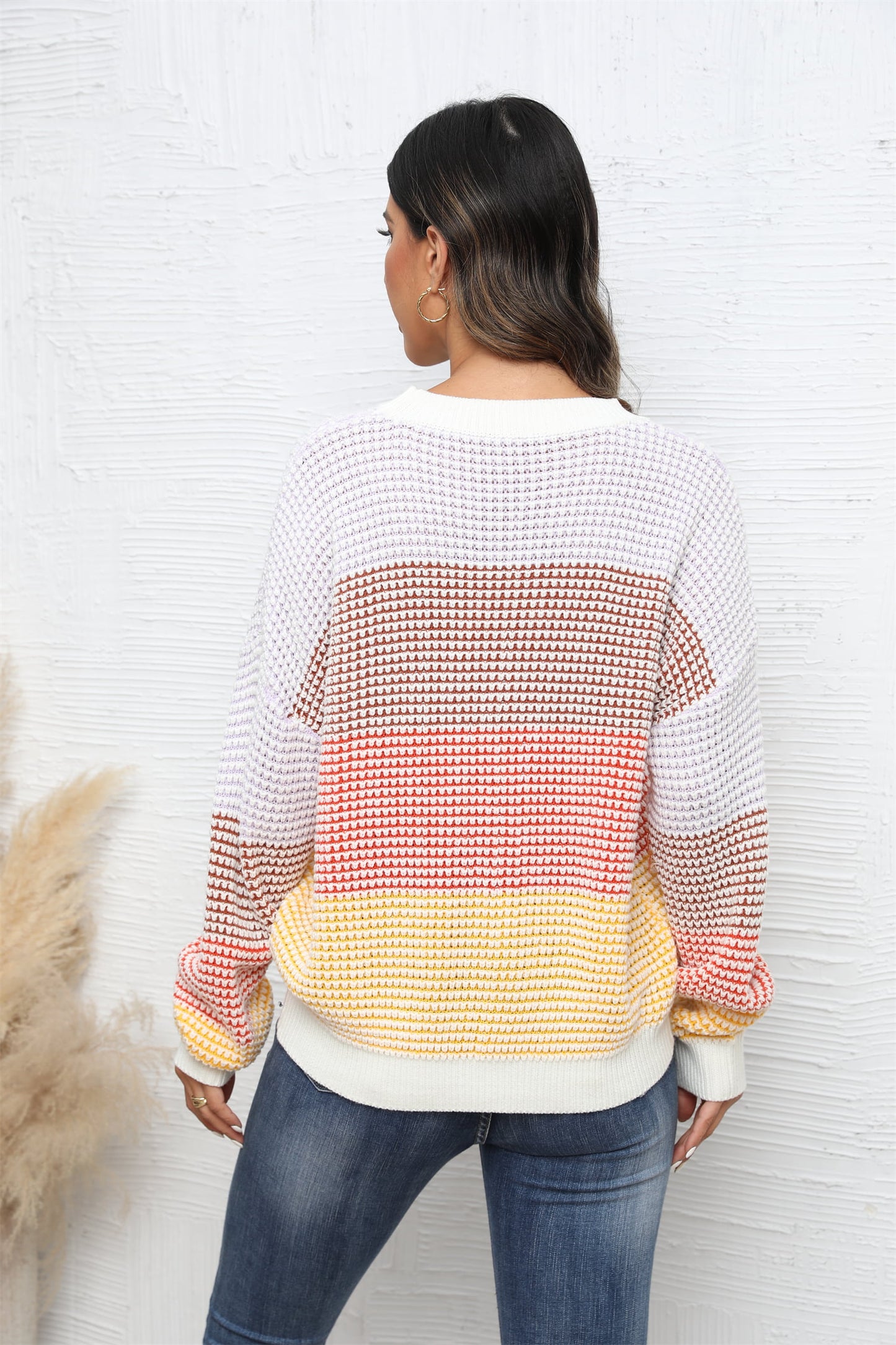 Angel Wings Waffle-Knit Round Neck Dropped Shoulder Color Block Sweater