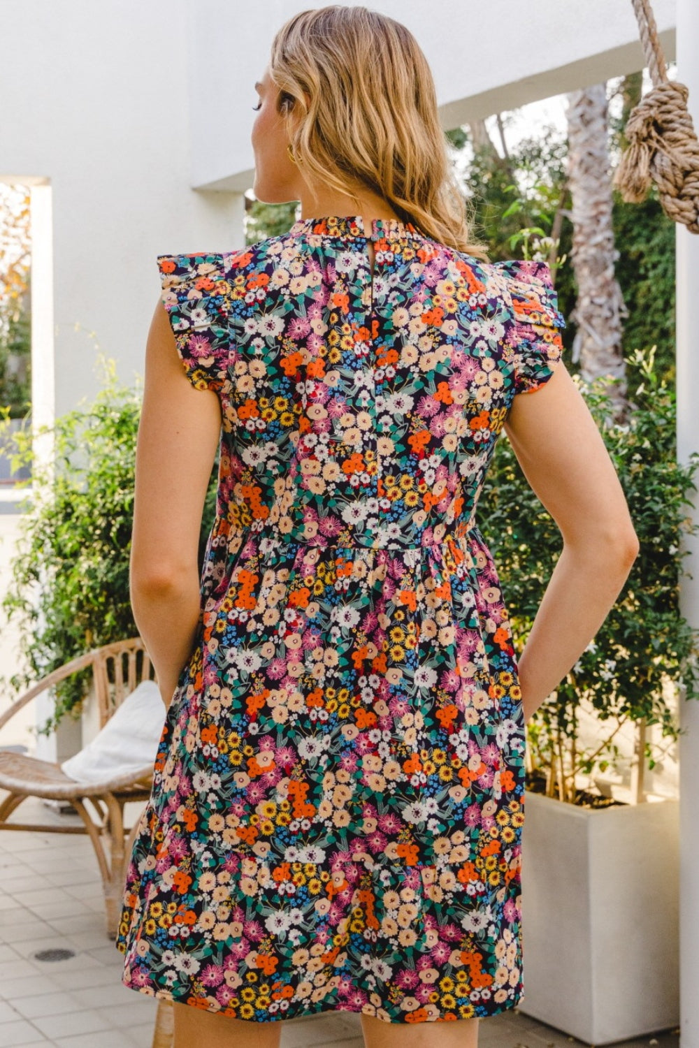 ODDI – Minikleid in voller Größe mit Blumenmuster, Rüschen und Flügelärmeln