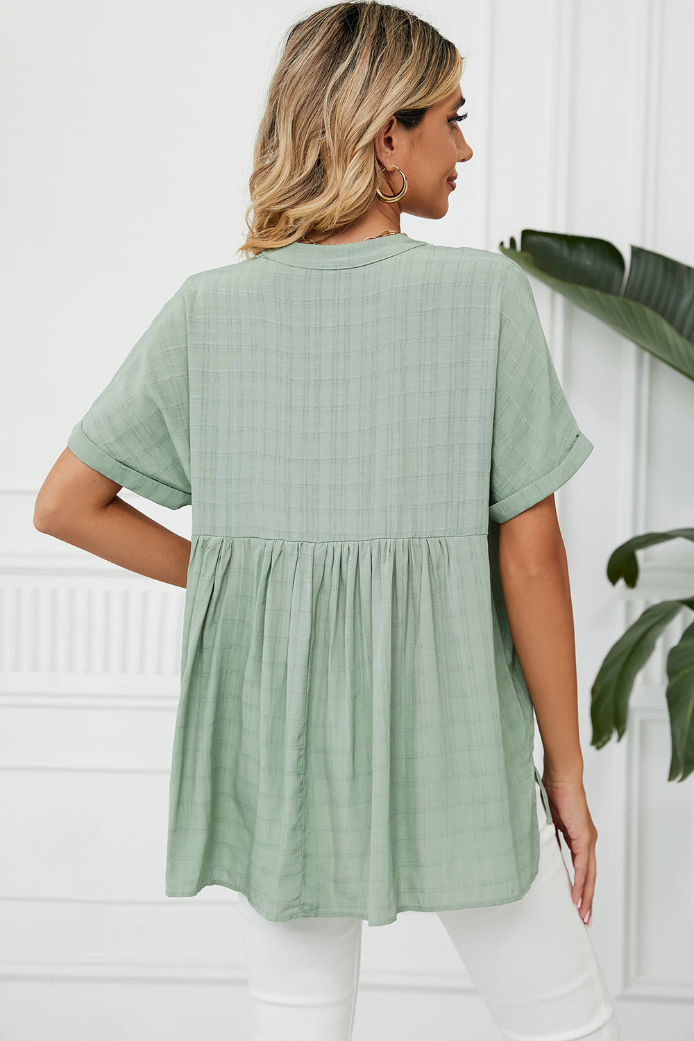 Ruched Notched Short Sleeve Blouse