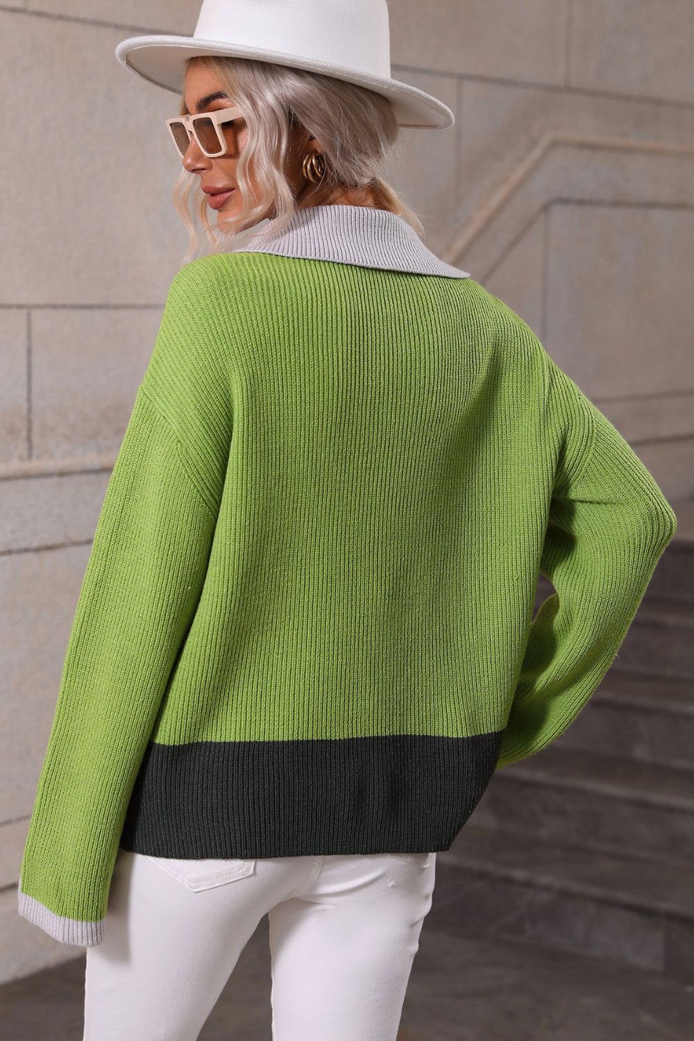 Color Block Half-Zip Dropped Shoulder Knit Pullover