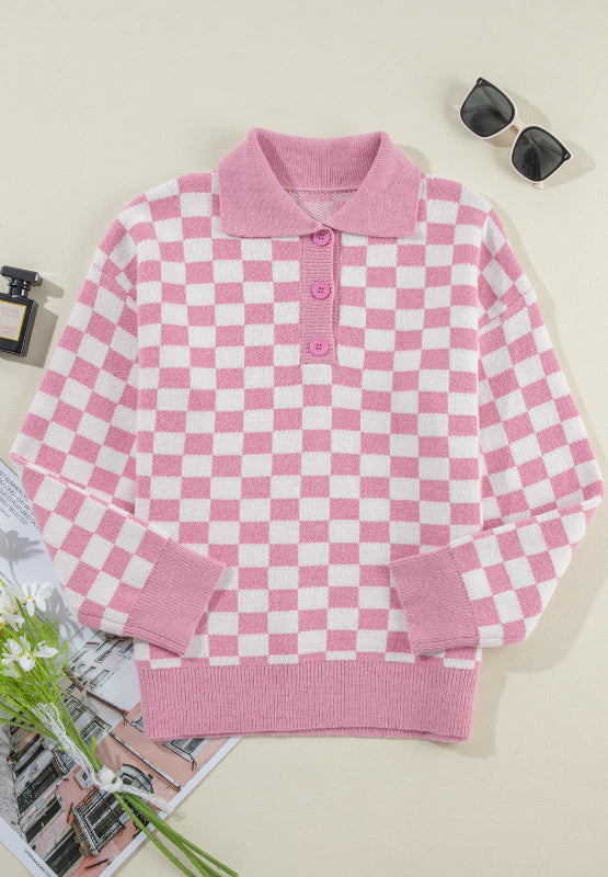 Checkered Collared Neck Long Sleeve Sweater