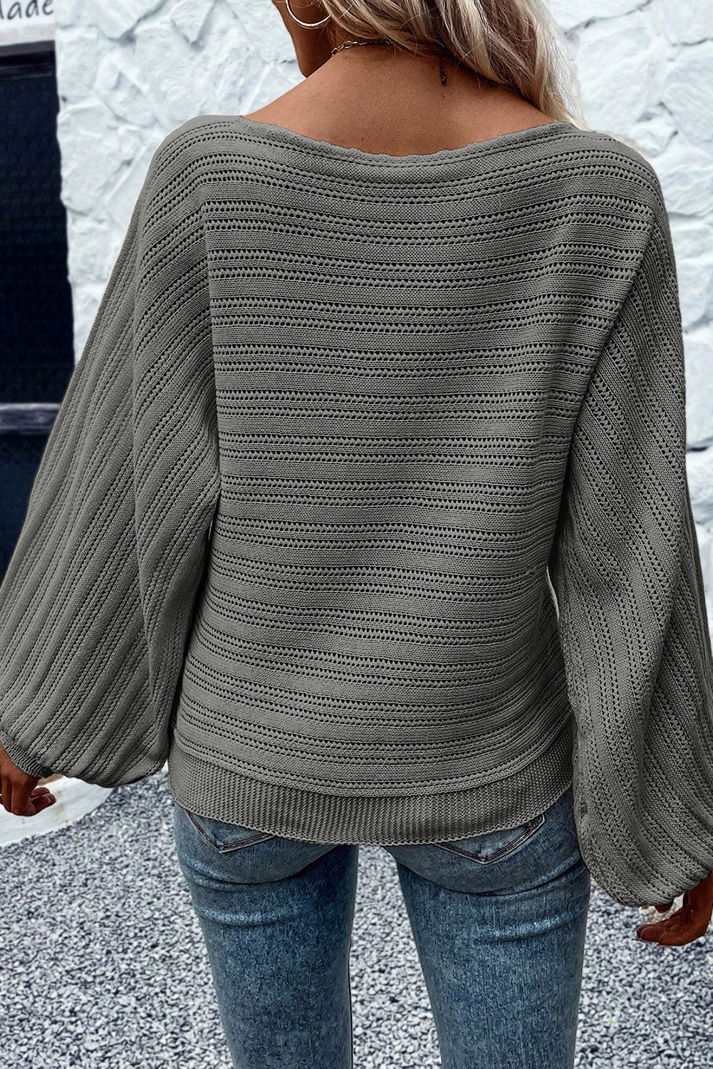 Openwork Boat Neck Lantern Sleeve Sweater