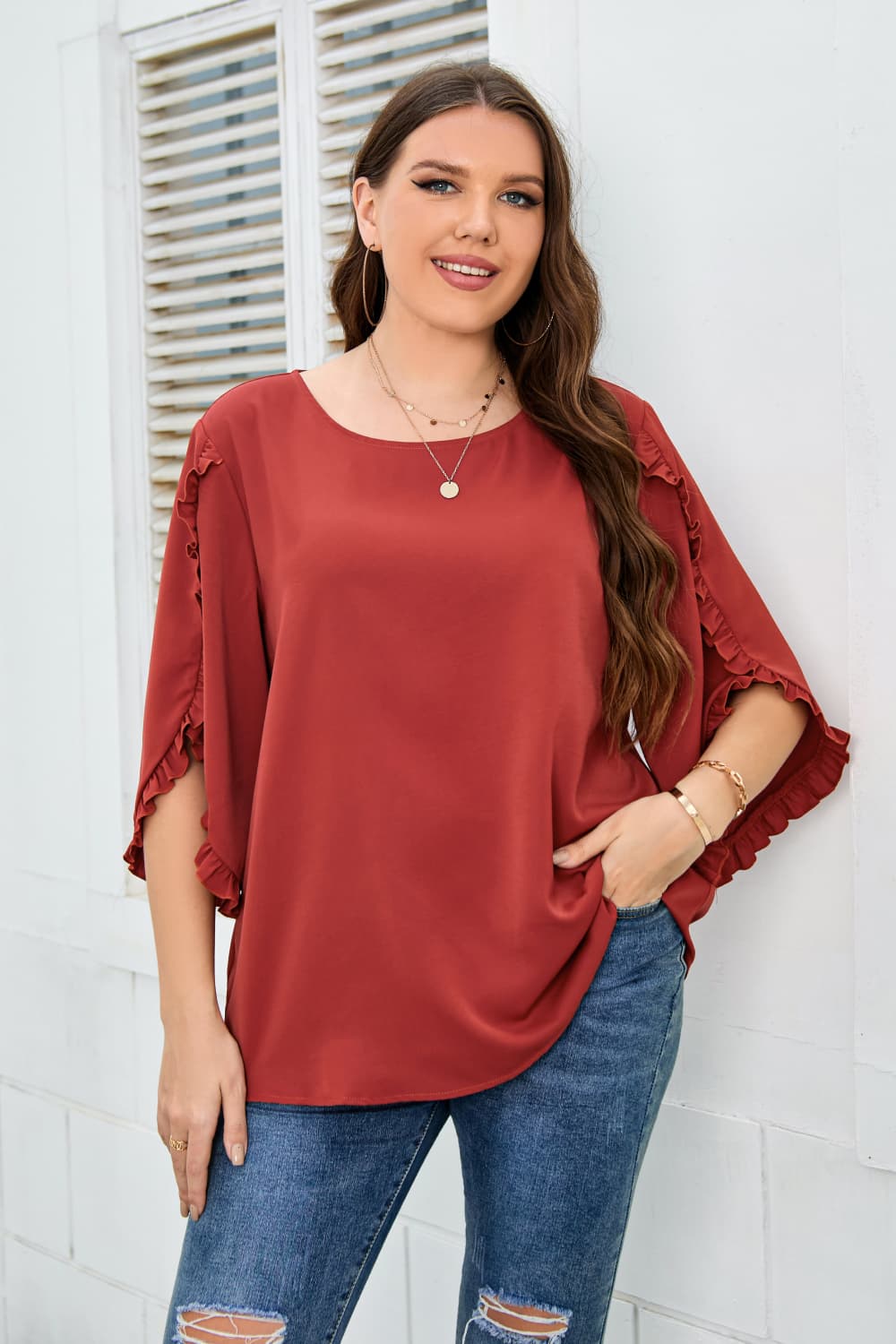 Plus Size Round Neck Frill Trim Blouse