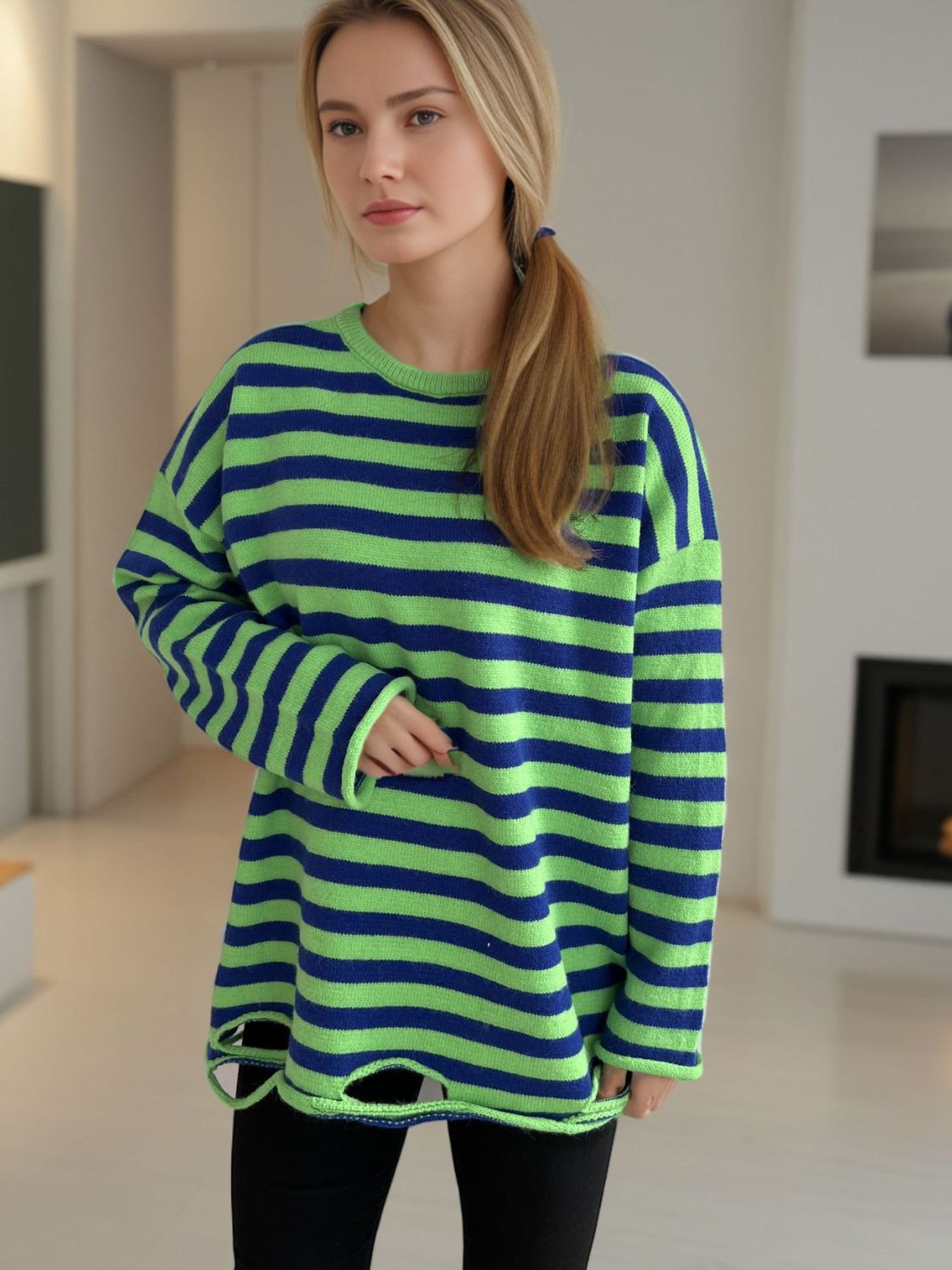 Distressed Striped Round Neck Long Sleeve Sweater