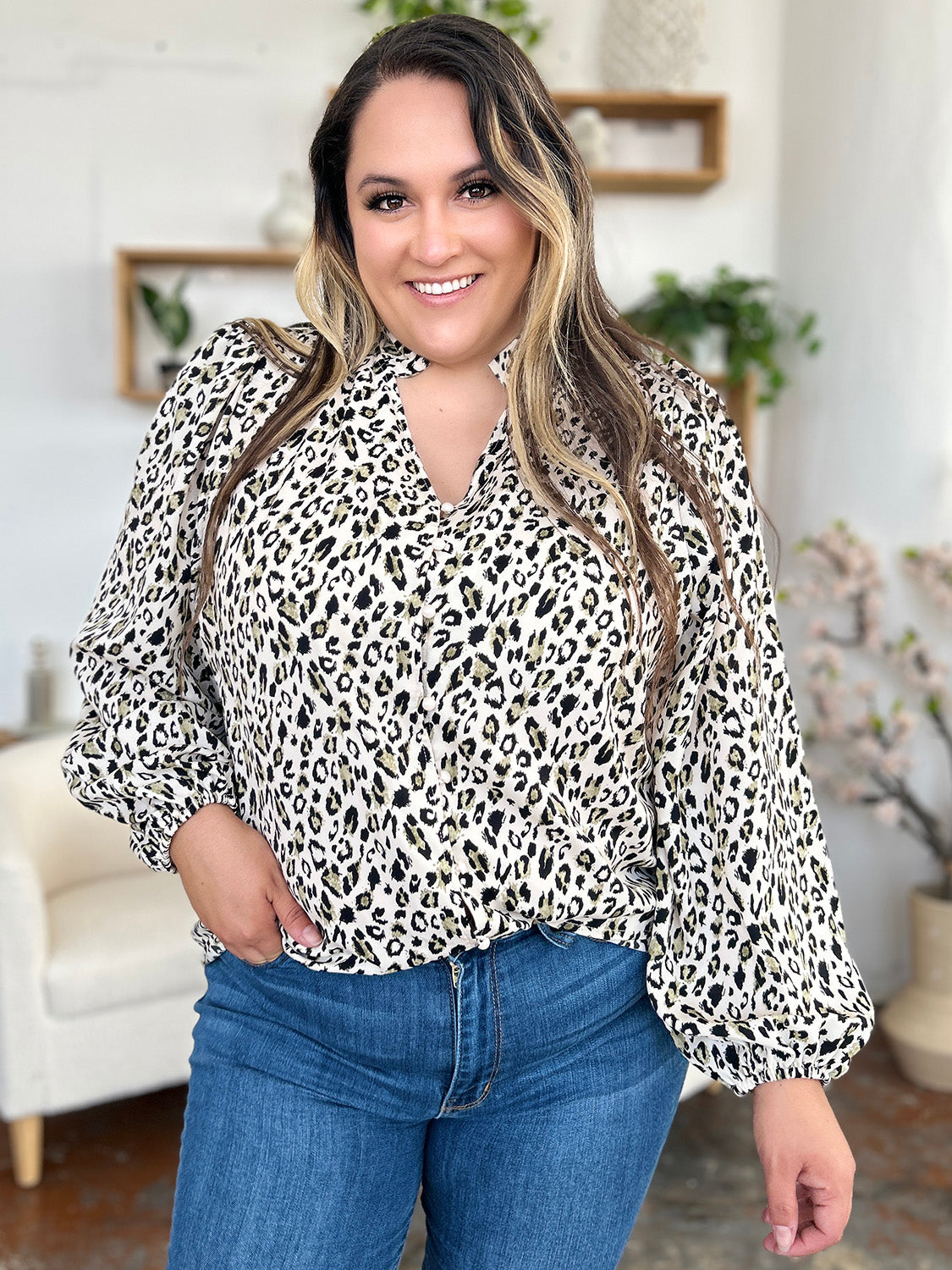 Double Take Full Size Leopard Long Sleeve Blouse