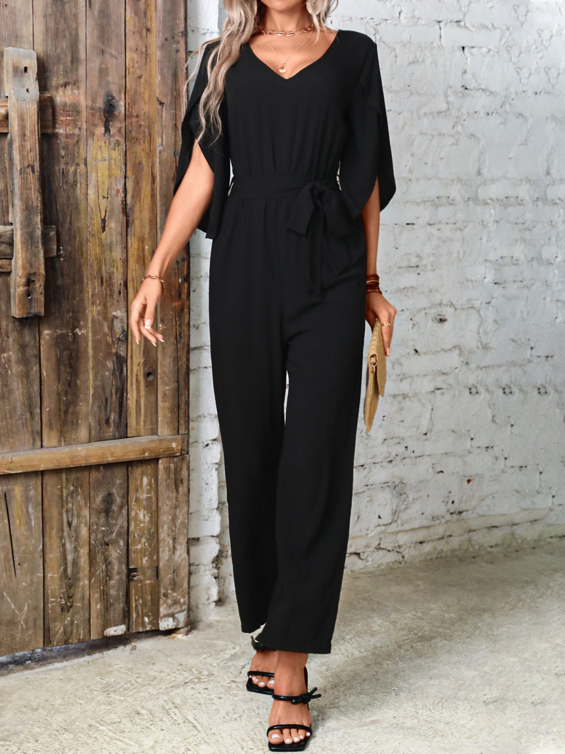 Tied V-Neck Half Sleeve Wide Leg Jumpsuit