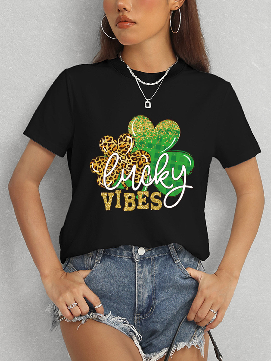 LUCKY VIBES Round Neck Short Sleeve T-Shirt