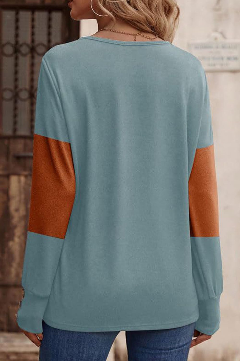 Decorative Button Contrast V-Neck Long Sleeve T-Shirt