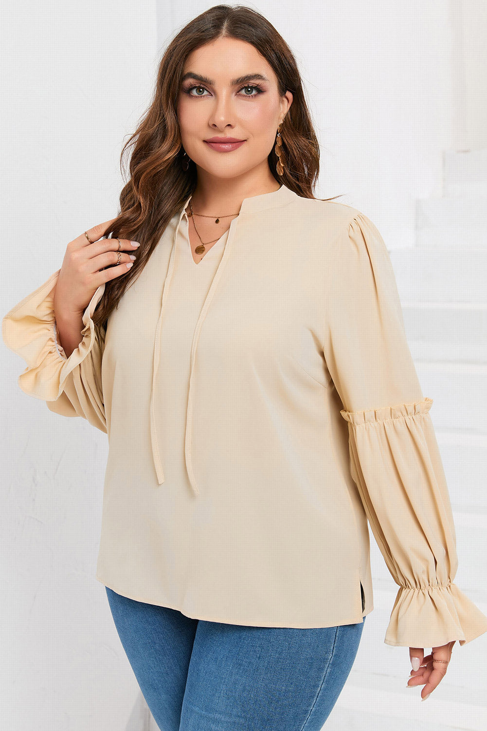 Plus Size Ruffled Tie Neck Flounce Sleeve Blouse