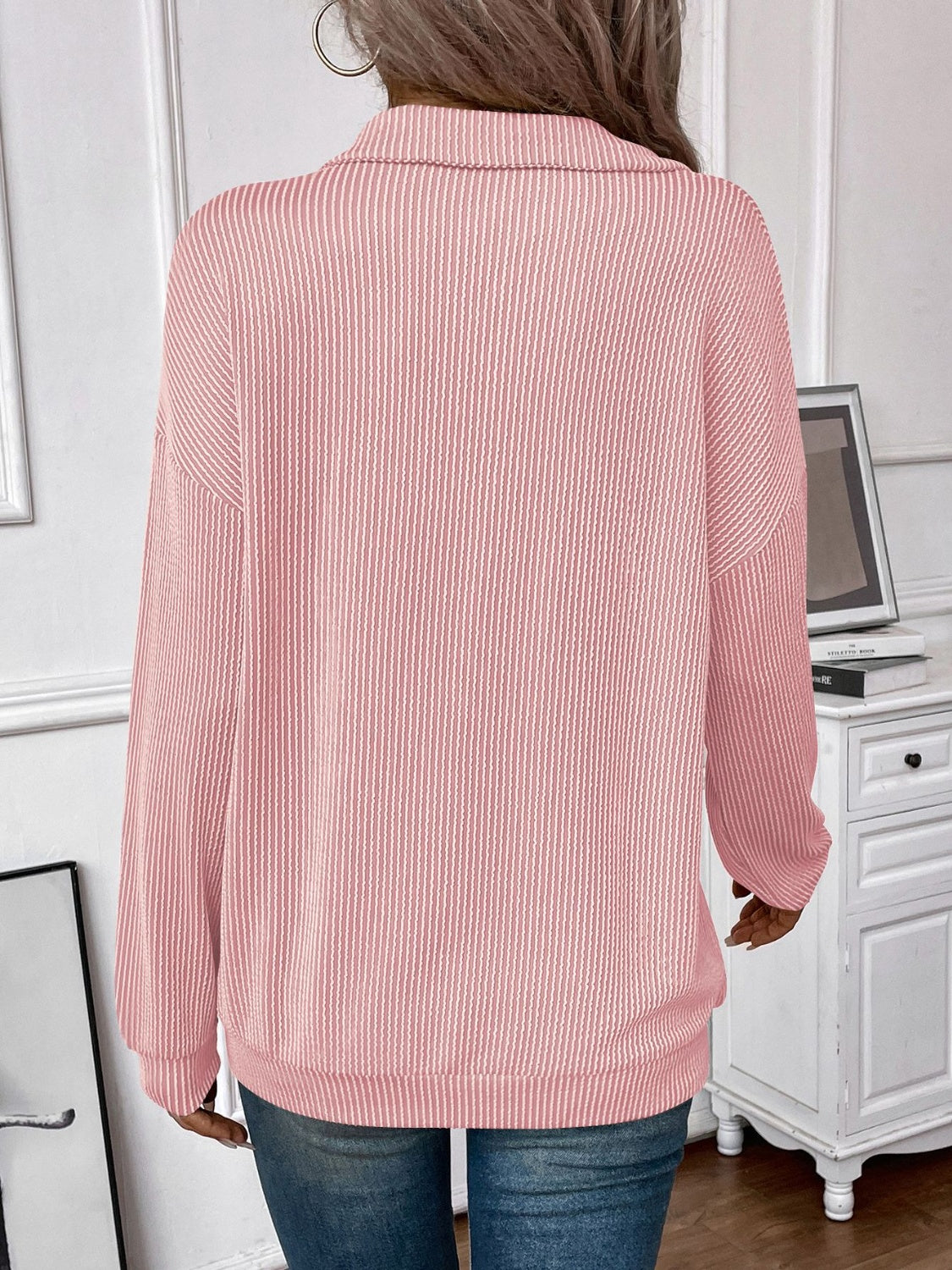 Double Take Striped Half Zip Long Sleeve T-Shirt