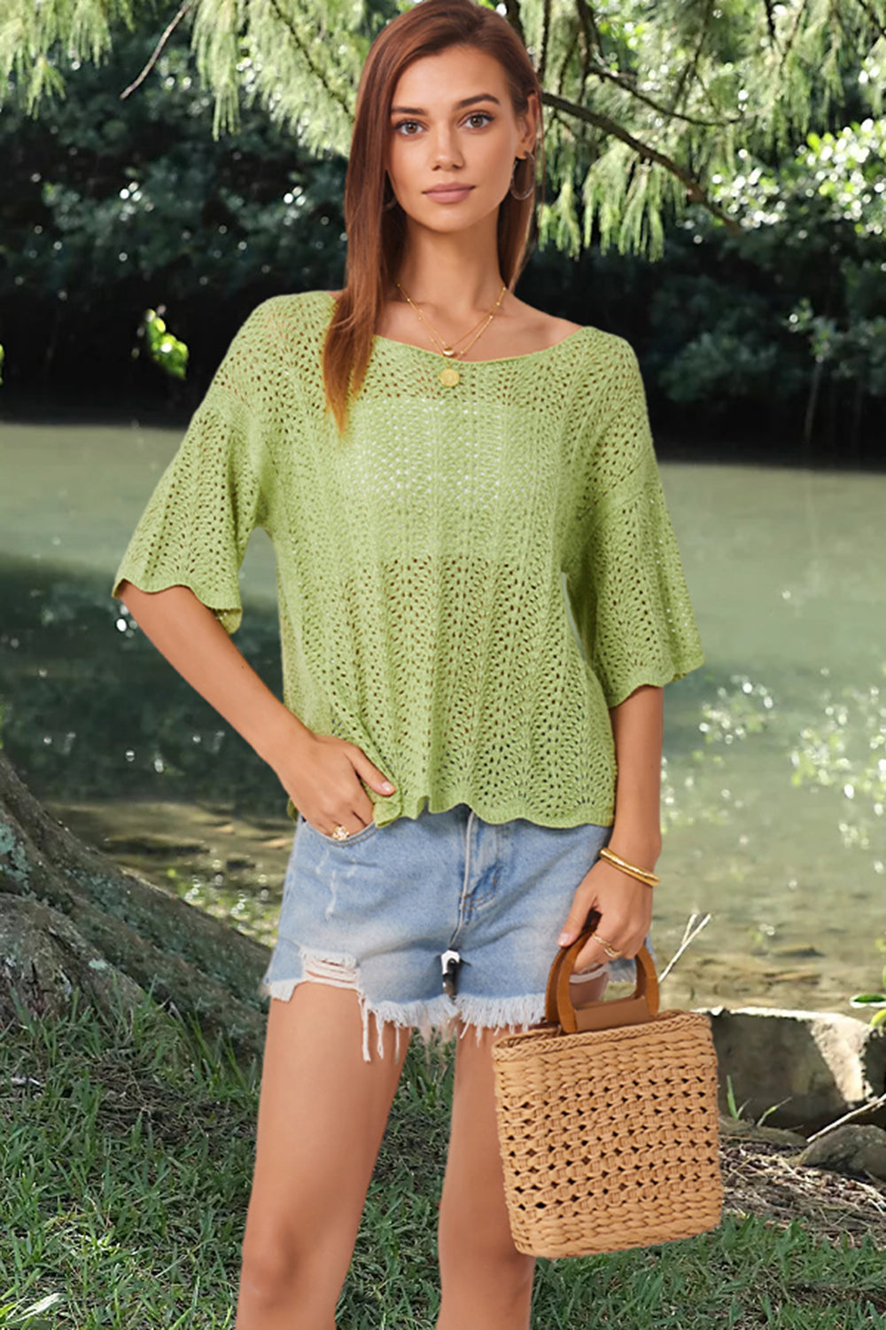 Openwork Round Neck Half Sleeve Knit Top