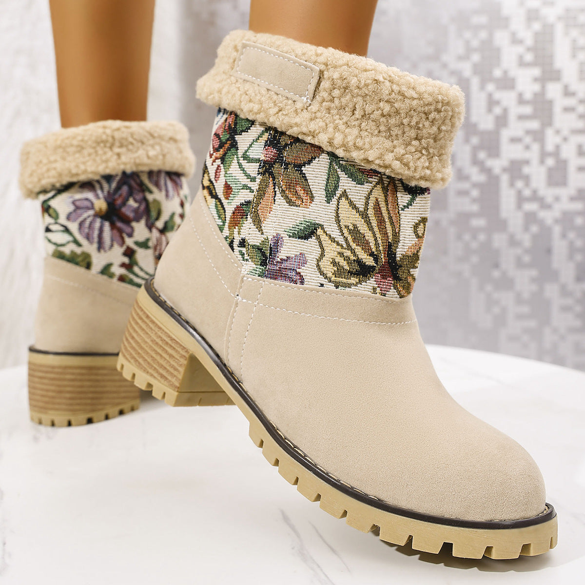 Embroidered Faux Fur Block Heel Boots