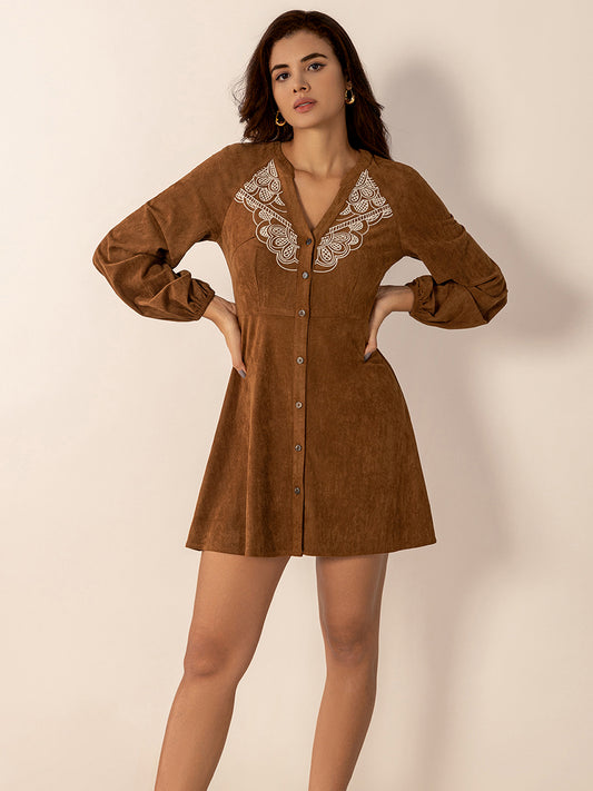 Notched Button Down Long Sleeve Mini Dress