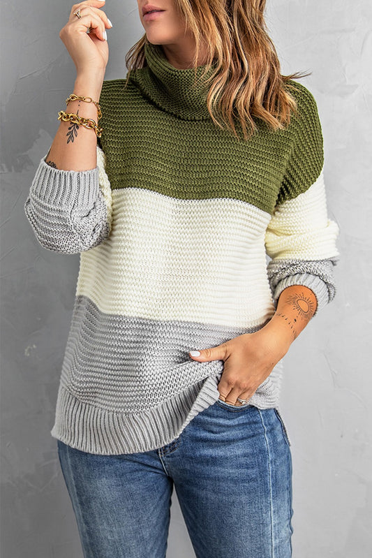 Color Block Turtleneck Long Sleeve Sweater