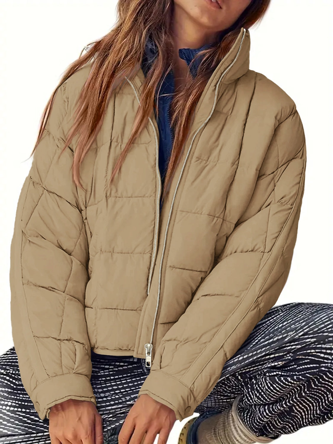 Pocketed Plaid Quilted Zip Up Winter Coat