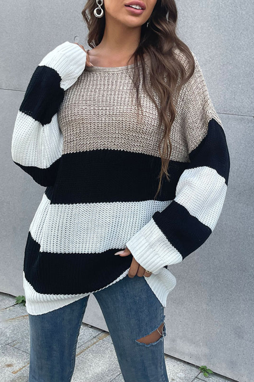 Perfee Color Block Striped Long Sleeve Sweater