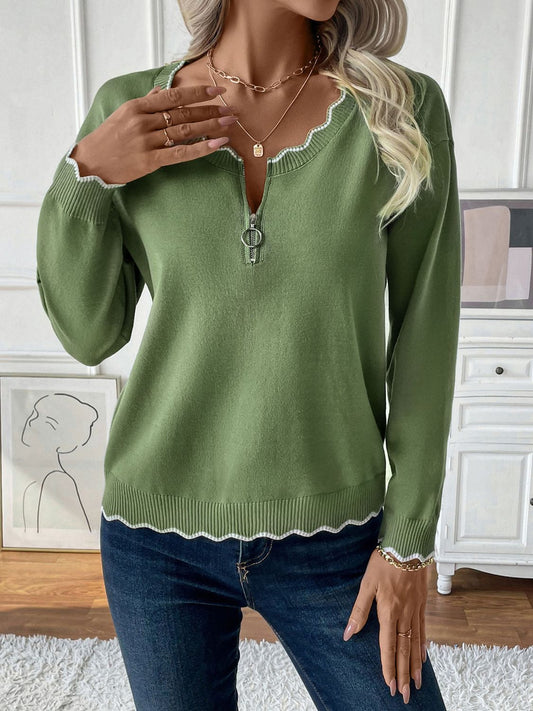 Contrast Trim Quarter Zip Long Sleeve Knit Top