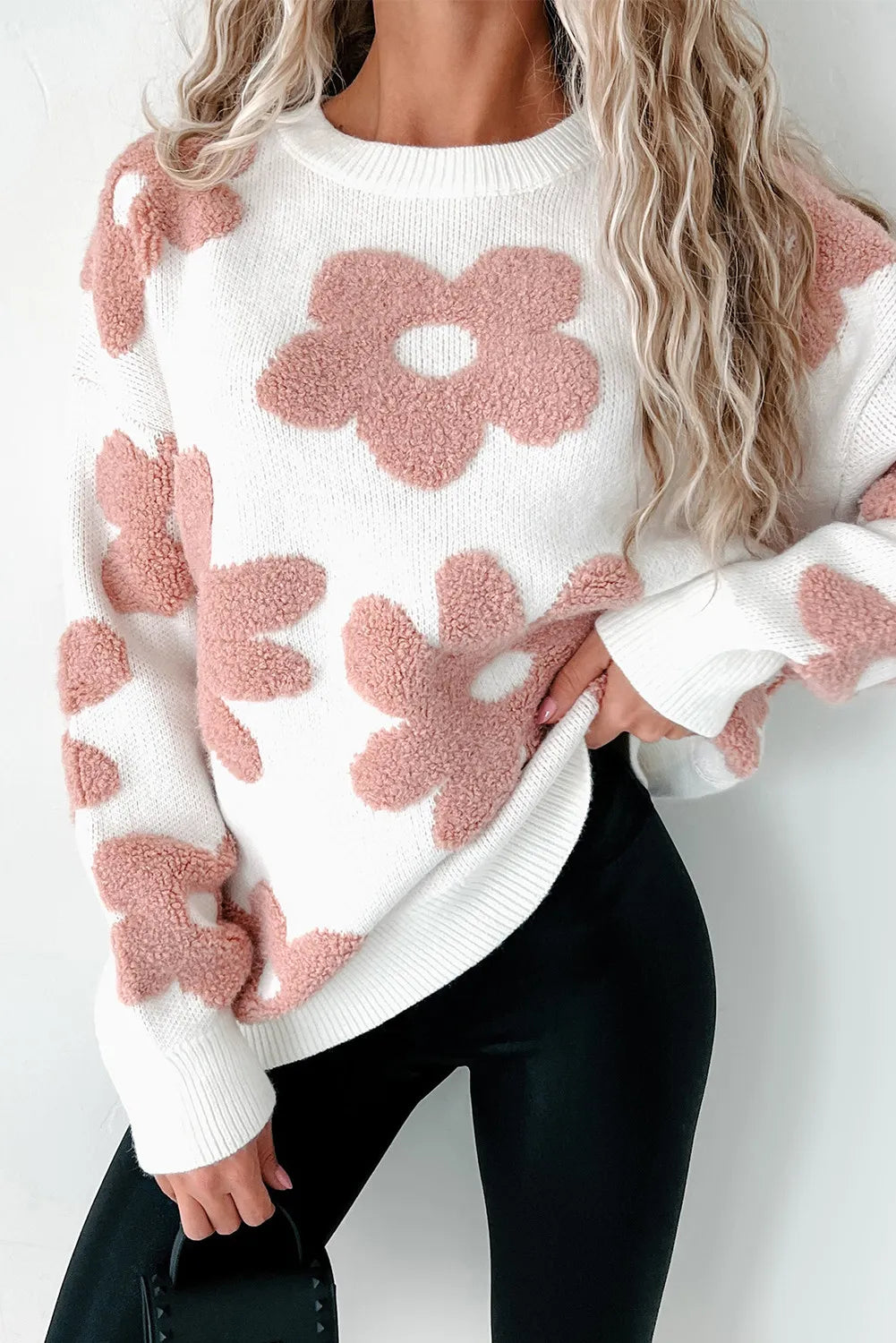 Flower Round Neck Long Sleeve Knit Top