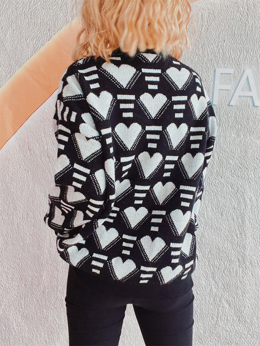 Heart Contrast Long Sleeve Dropped Shoulder Sweater