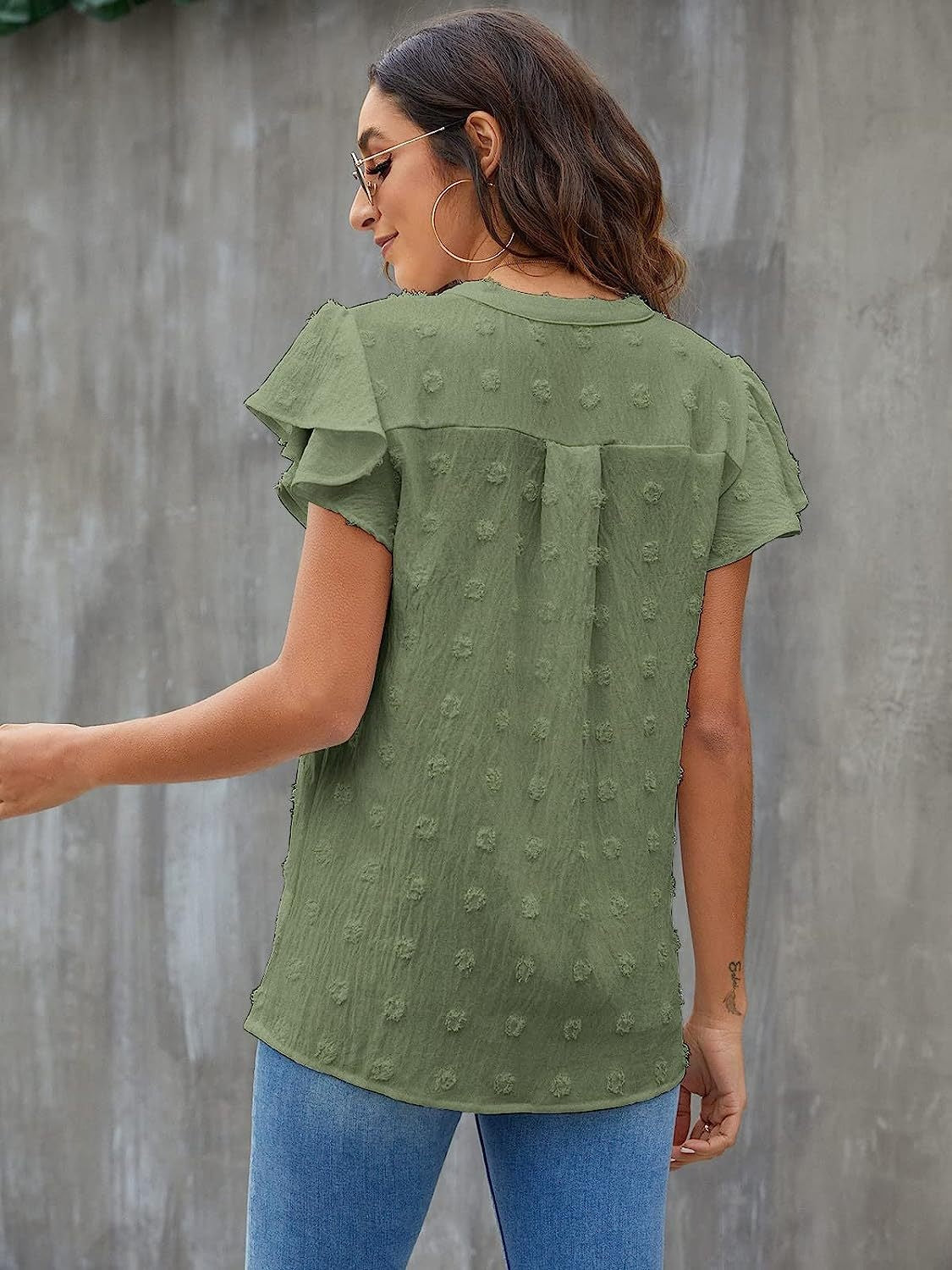 Swiss Dot Notched Cap Sleeve Blouse