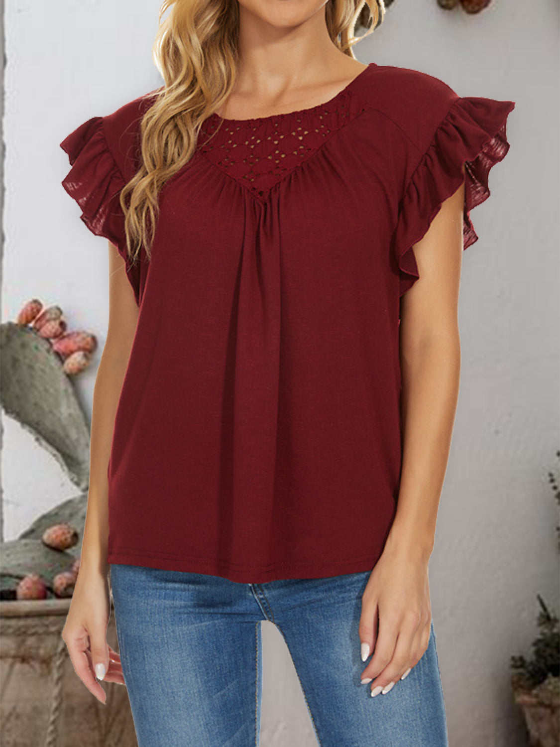 Ruffled Round Neck Cap Sleeve T-Shirt