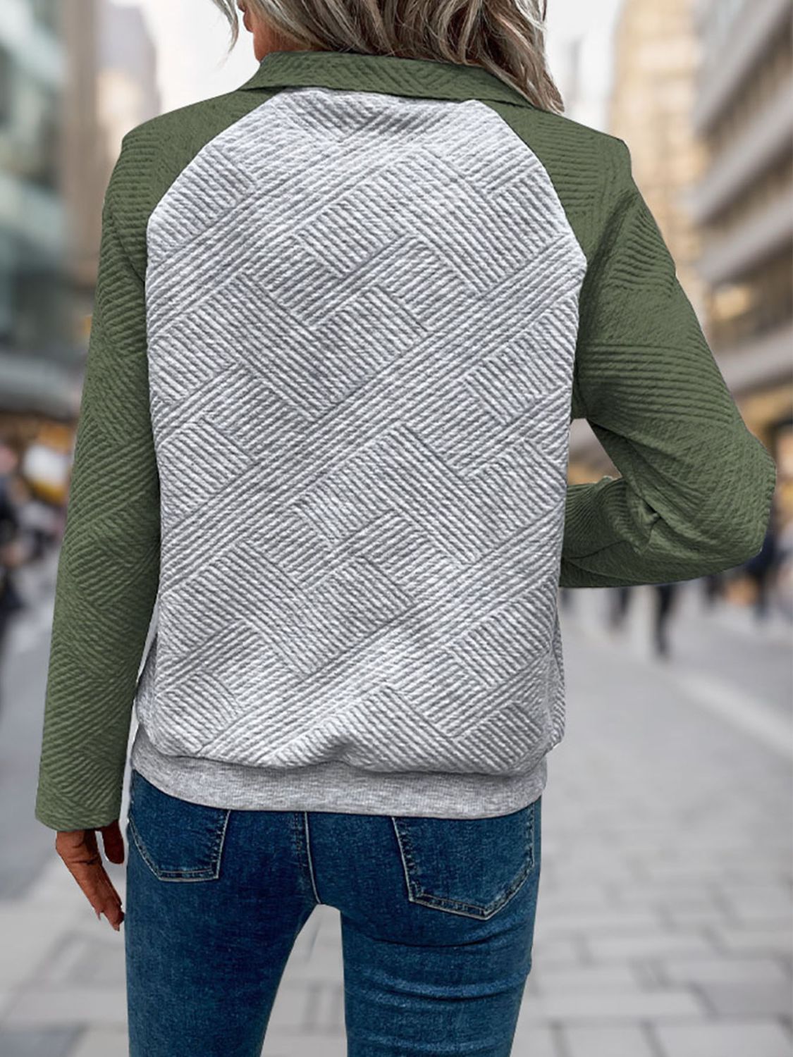 Perfee Contrast Textured Long Sleeve Sweatshirt