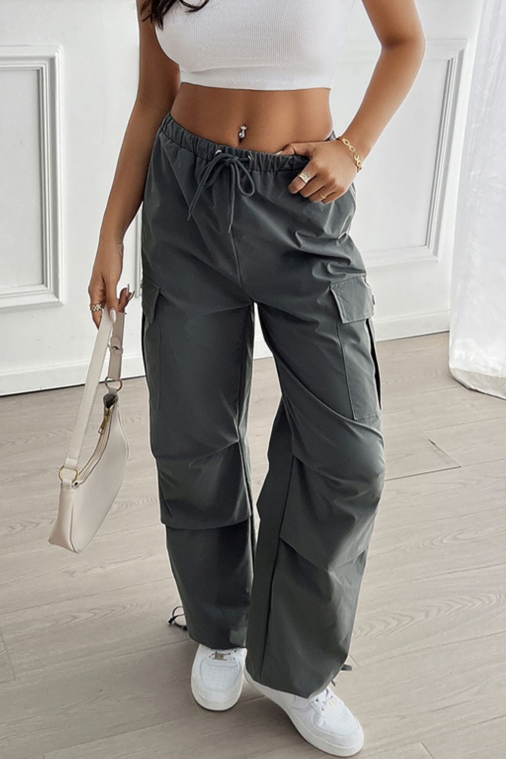 Devine Drawstring Wide Leg Pants with Cargo Pockets