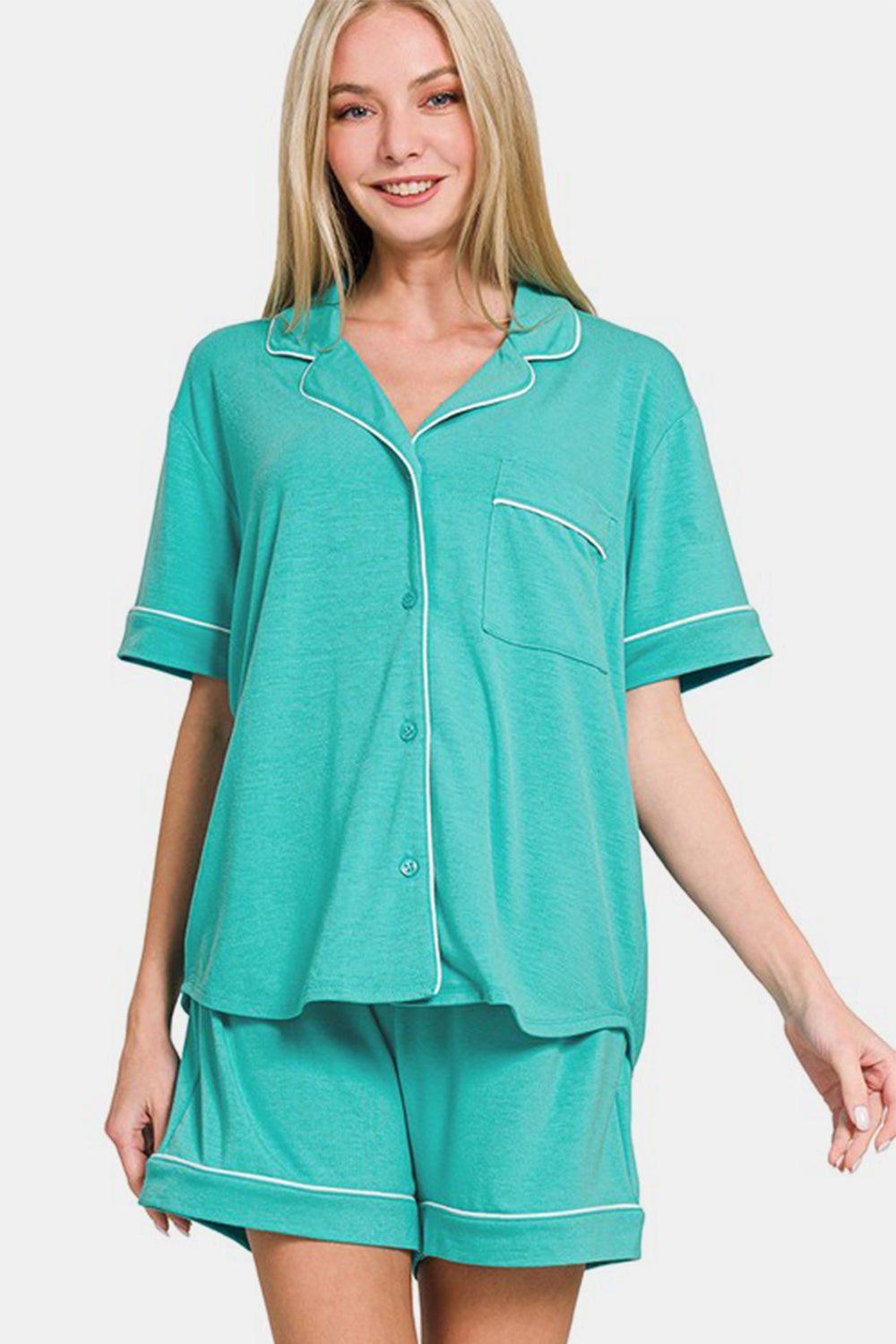 Zenana Button Down Short Sleeve Top and Shorts Lounge Set