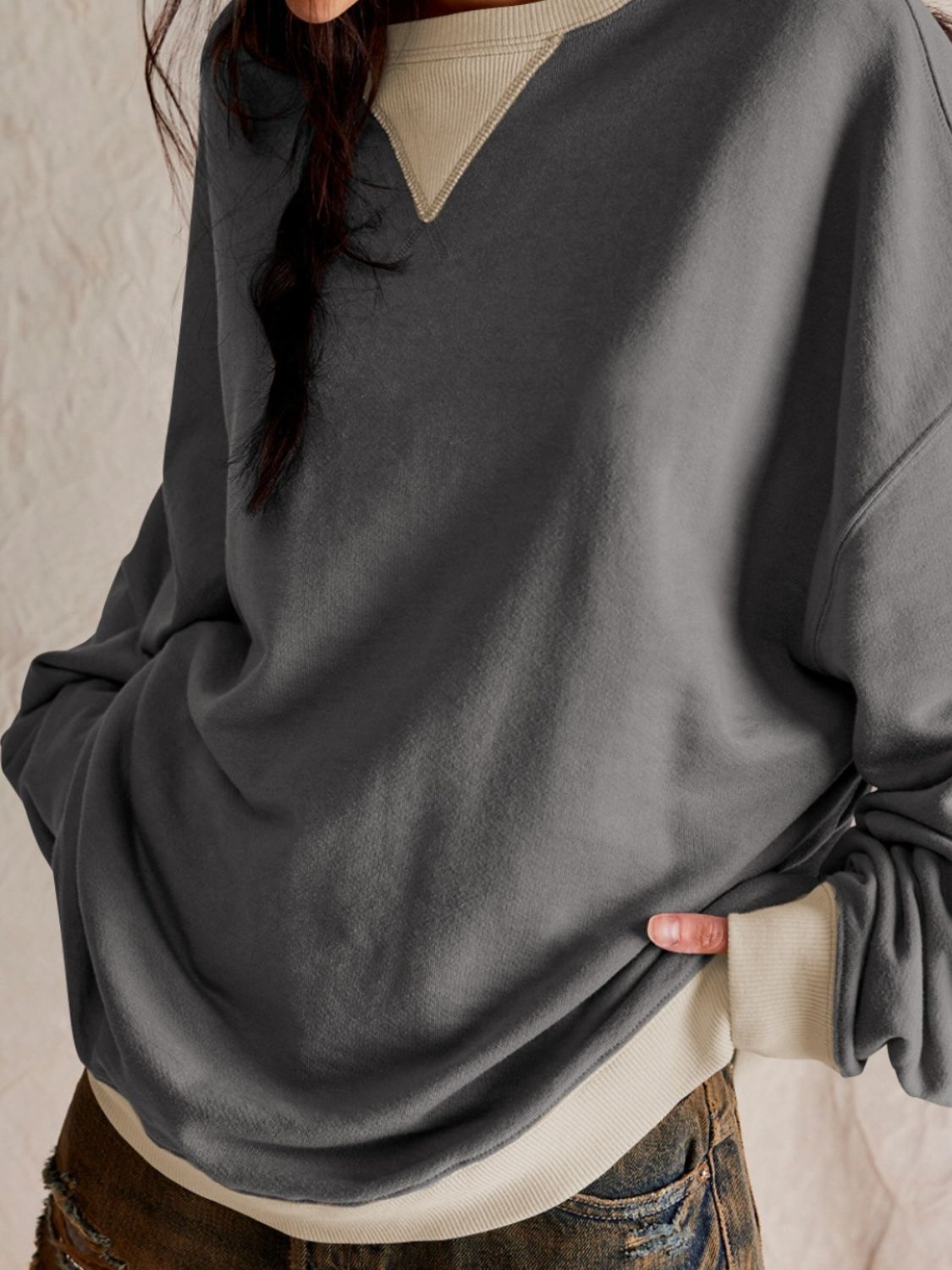 Contrast Dropped Shoulder Long Sleeve Sweatshirt