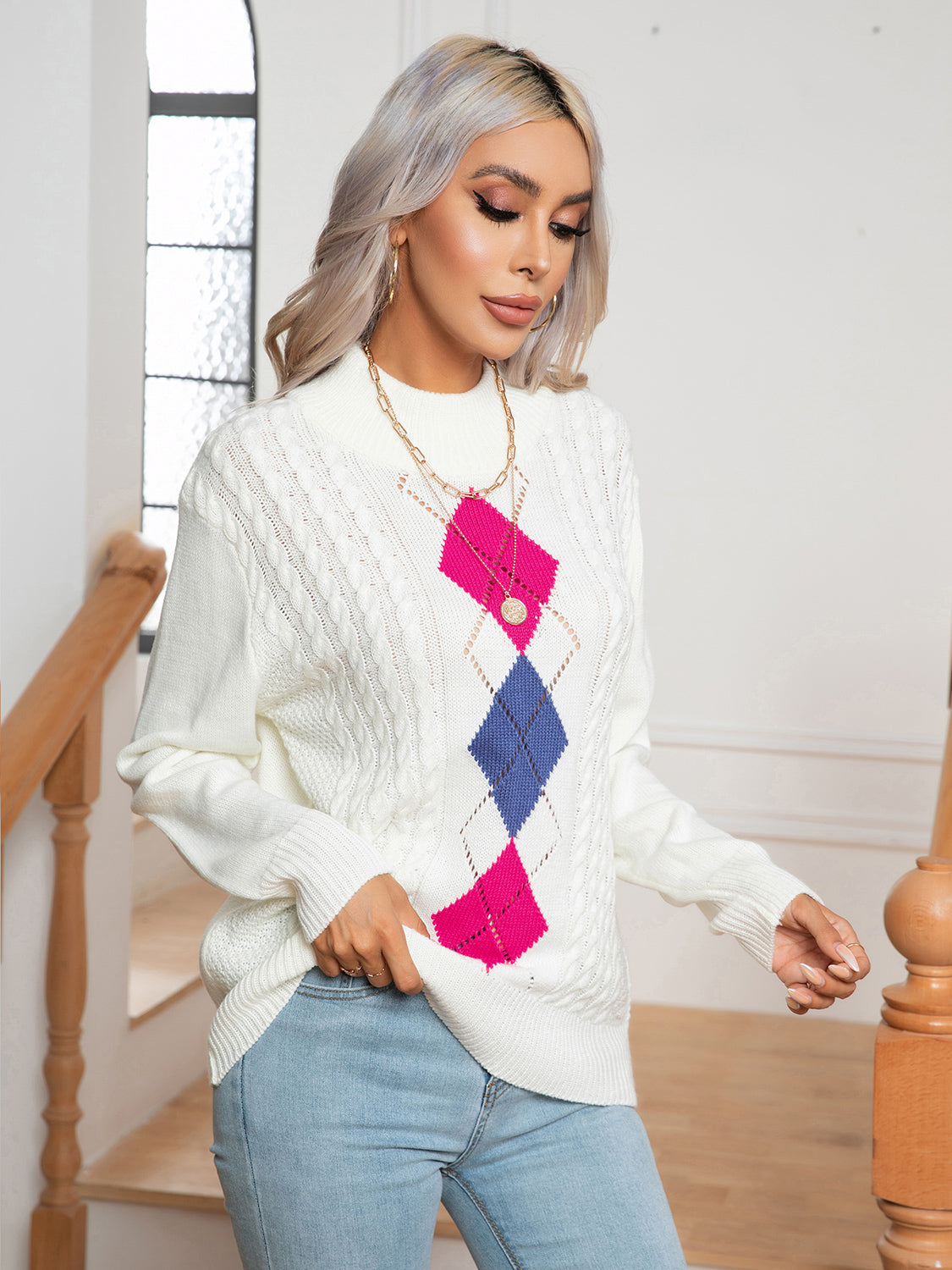 Openwork Geometric Mock Neck Sweater