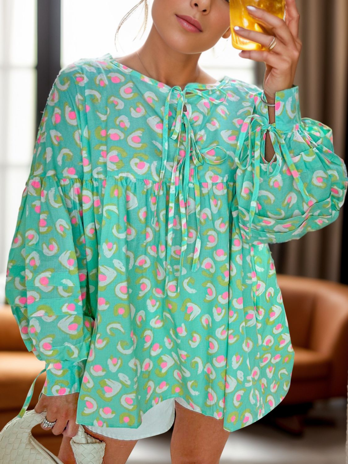 Tied Printed Long Sleeve Blouse