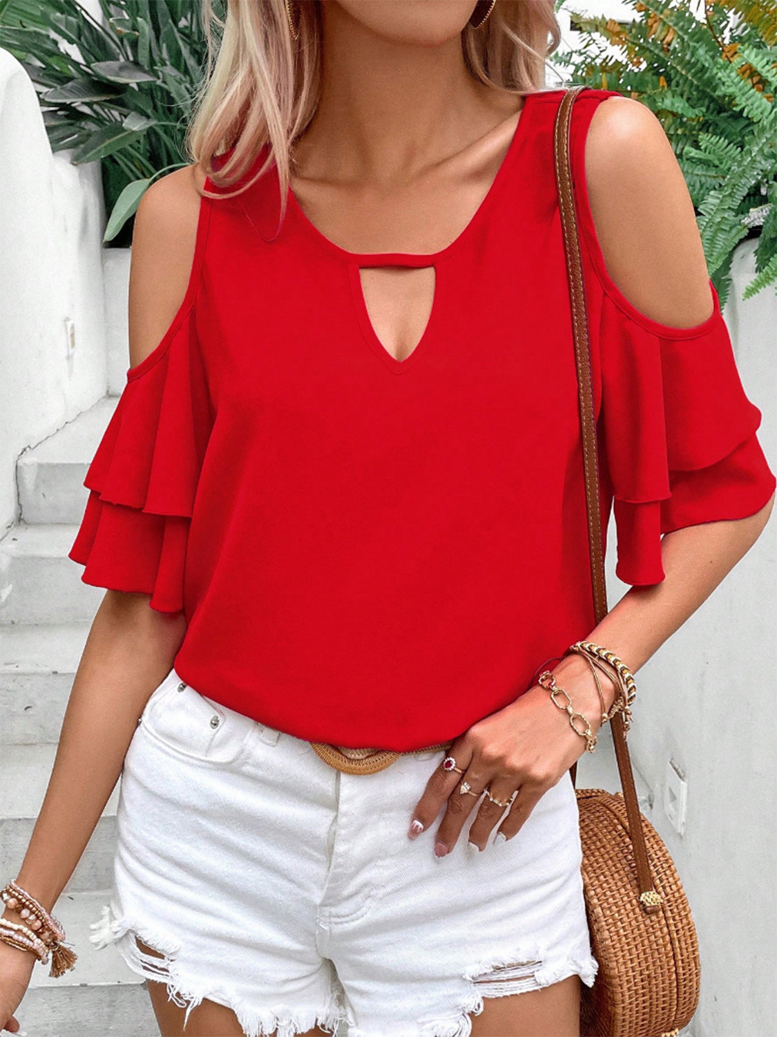 Bluse mit Volantärmeln und Cold-Shoulder-Trägern