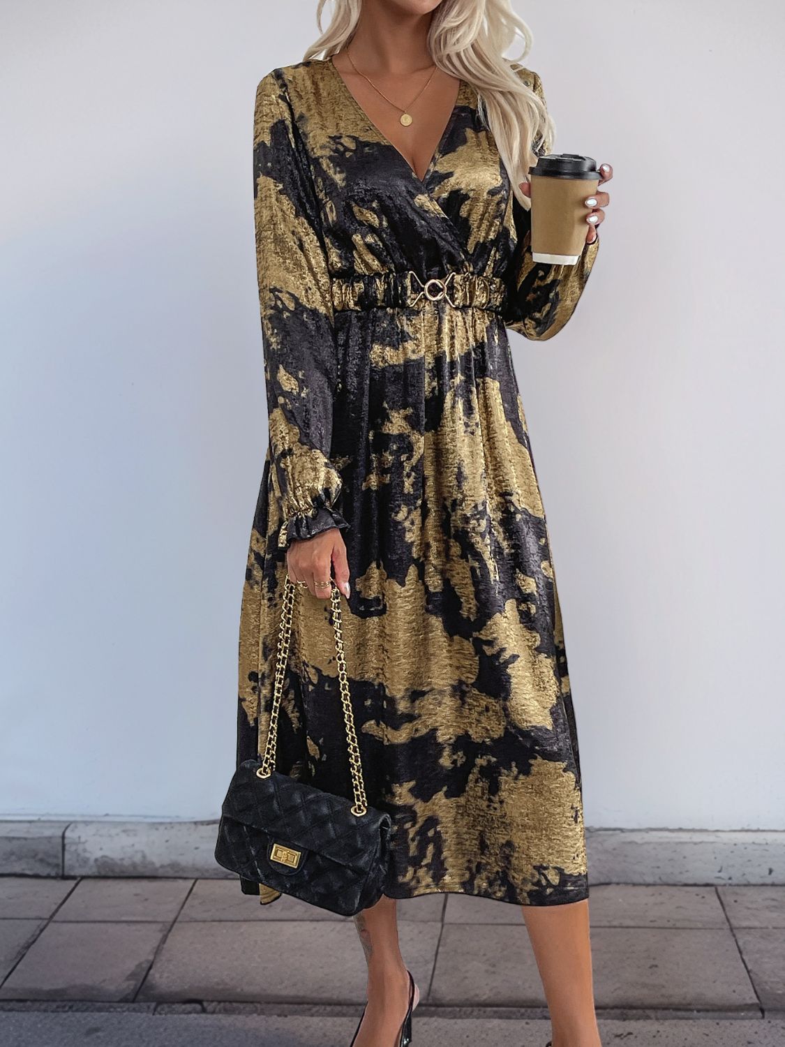 Perfee Printed Surplice Long Sleeve Midi Dress