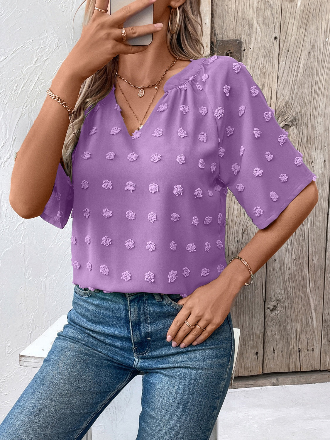 Swiss Dot Notched Half Sleeve Blouse