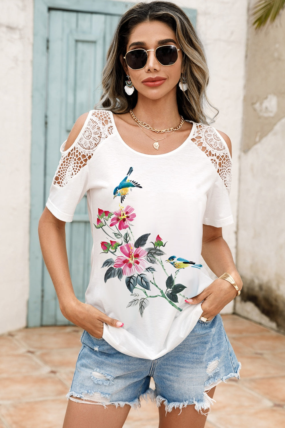 Lace Detail Round Neck Cold Shoulder Blouse