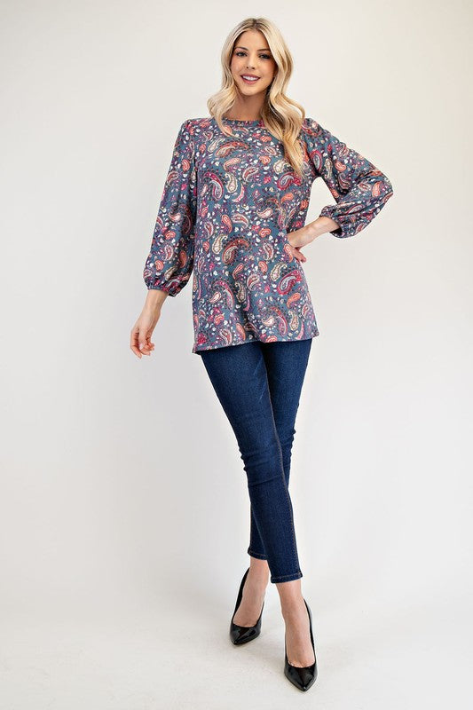 Celeste Full Size Paisley Round Neck Balloon Sleeve Top