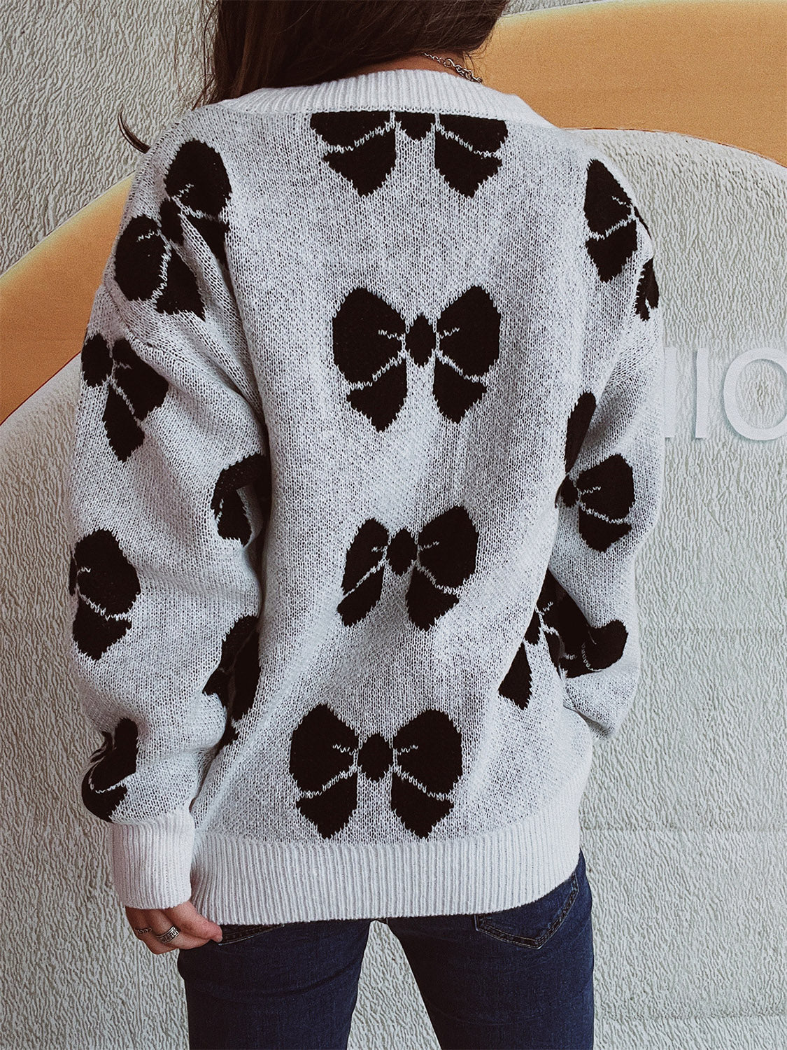 Bow Round Neck Dropped Shoulder Sweater