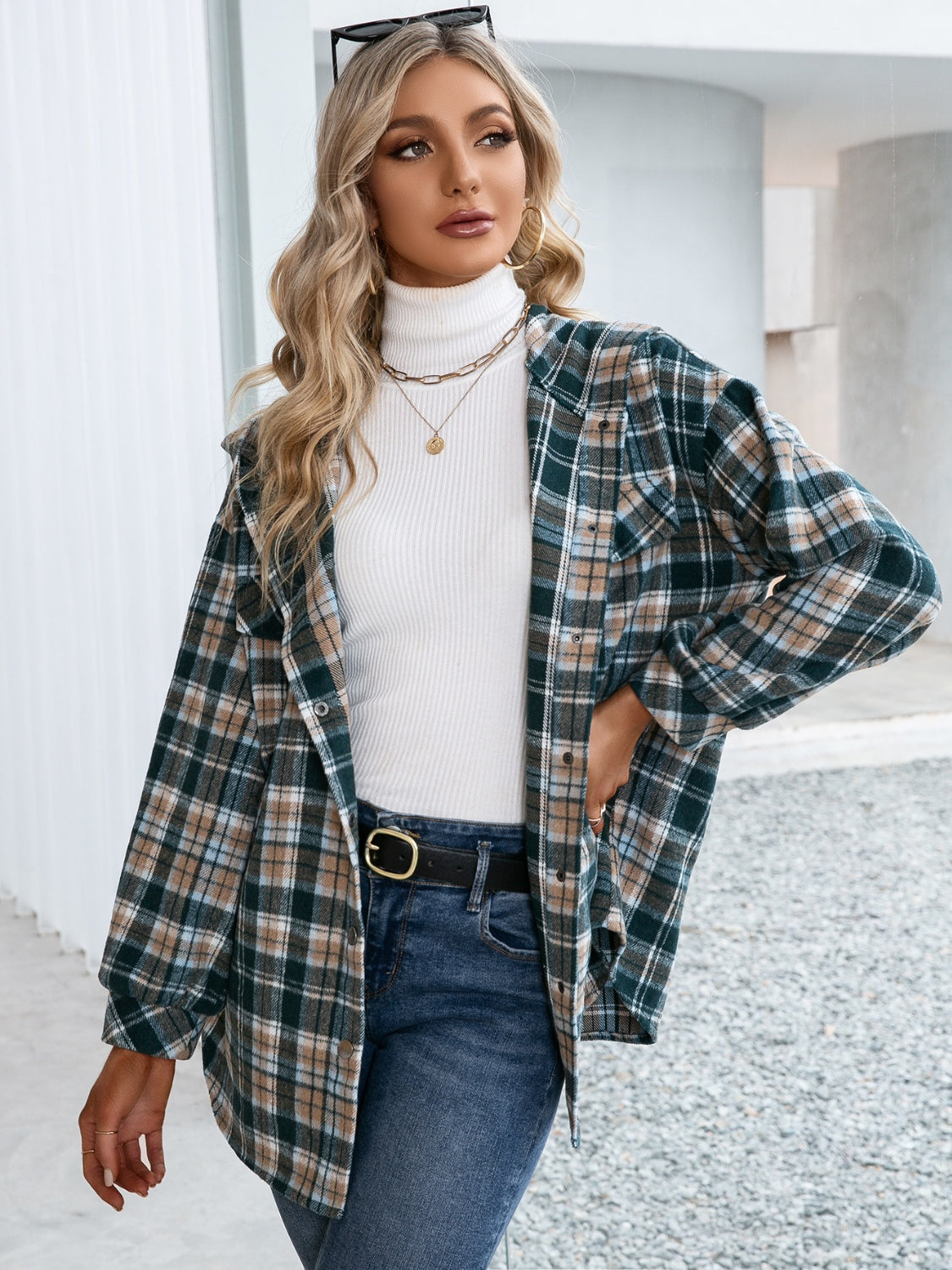 Ivy Lane Plaid Snap Down Hooded Jacket