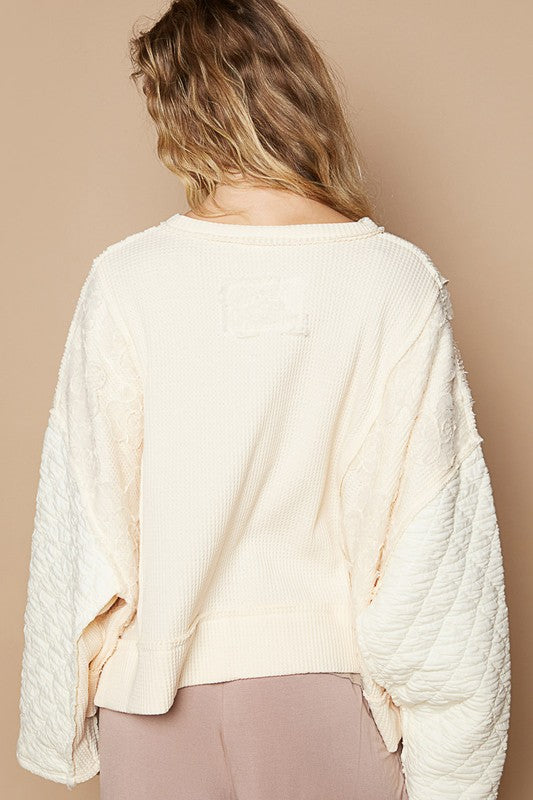 POL Waffle-Knit Notched Long Sleeve Knit Top