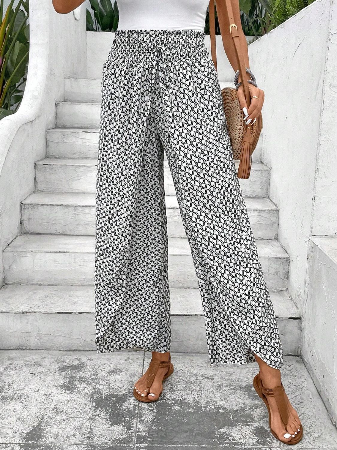 Tied Printed Wide Leg Pants