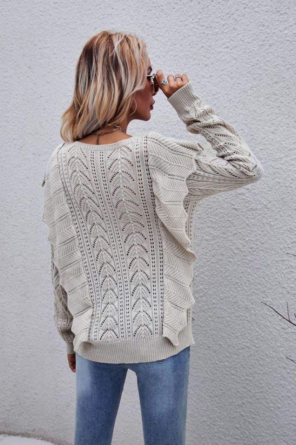 Angel Wings Openwork Round Neck Ruffled Sweater