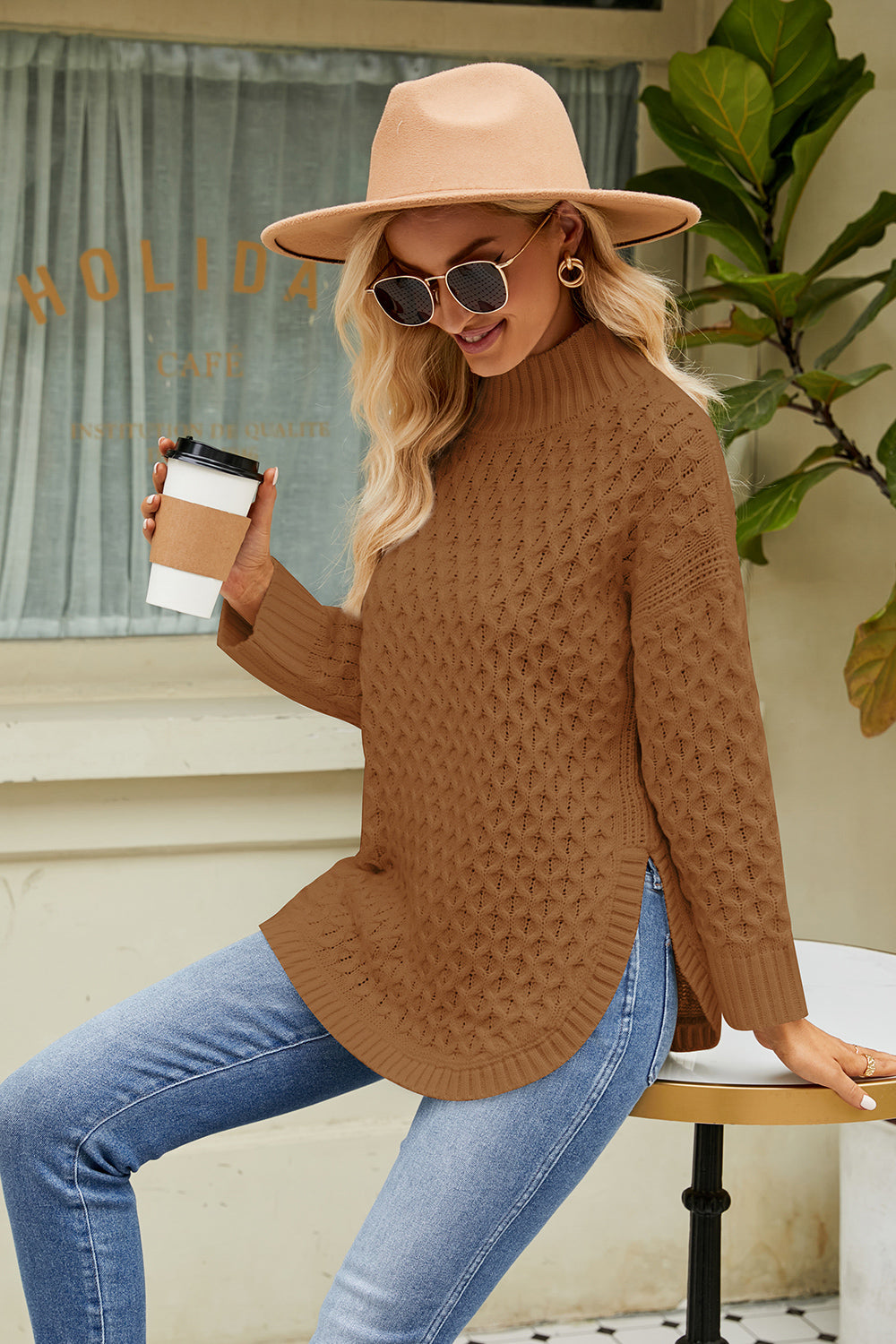 Slit Long Sleeve Mock Neck Sweater