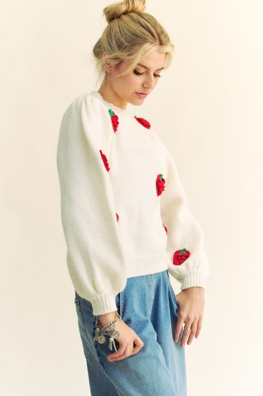 Davi & Dani Crochet Strawberry Round Neck Sweater