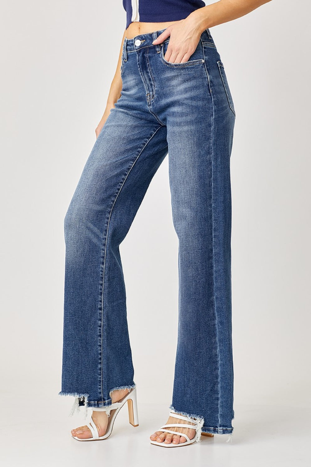 Risen Full Size High Rise Frayed Hem Wide Leg Jeans