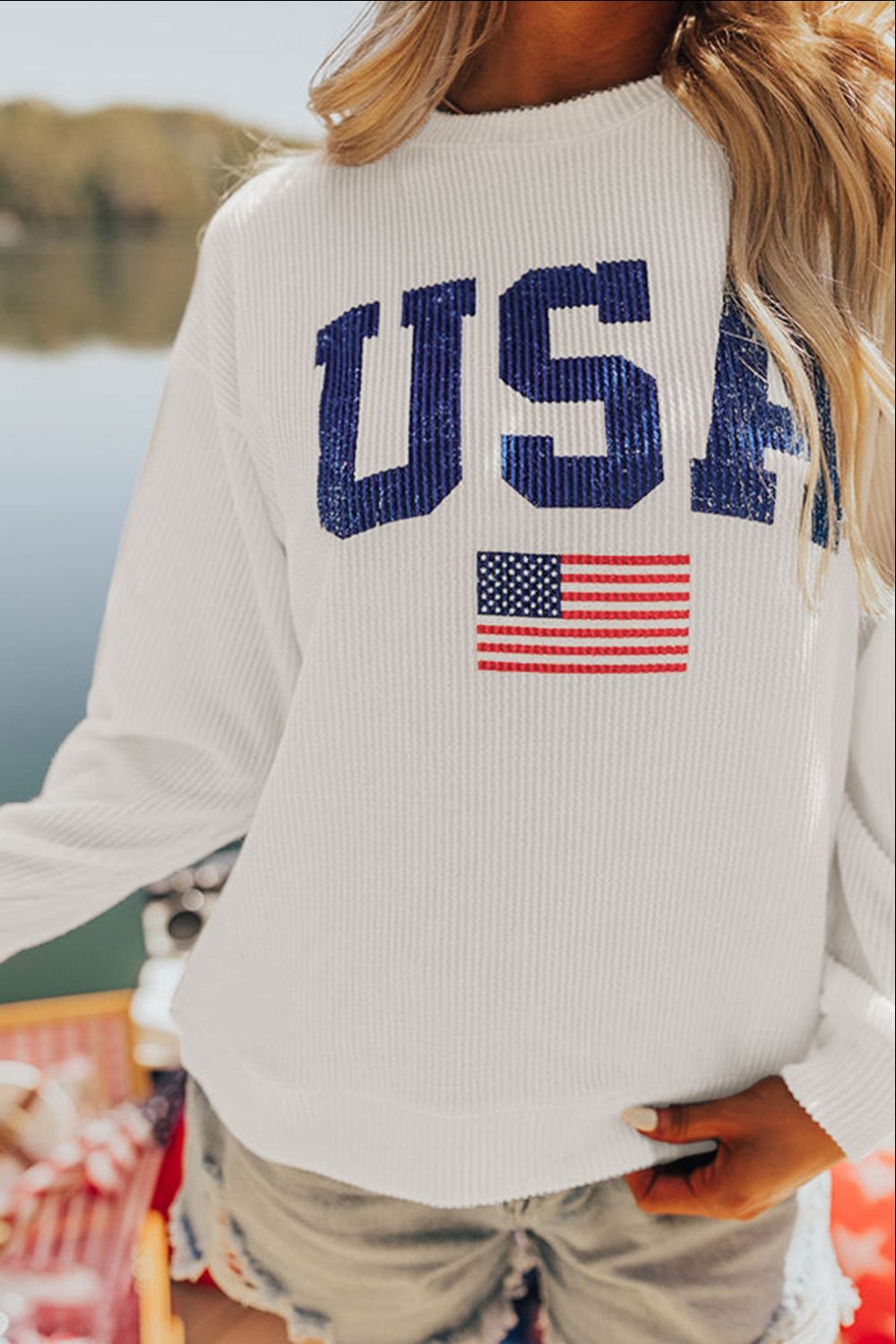 US Flag Corded Long Sleeve Sweatshirt